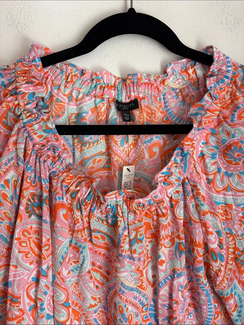 Talbots Women's Coral Paisley Peasant Blouse Ruffle 3/4 sleeve colorful fun XLP